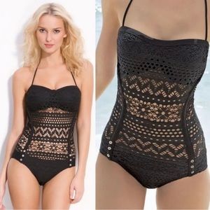 ROBIN PICCONE - One Piece Black Halter Top Crochet Bathing Suit Sz 6